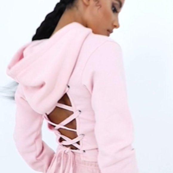 BABY PINK LACE UP BACK CROP HOODIE - Picture 4 of 5